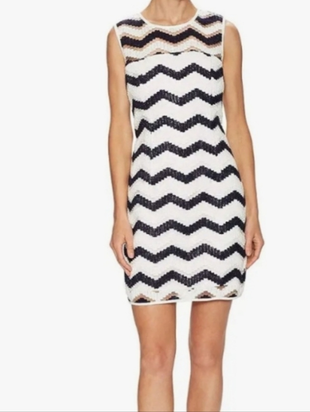 Milly Sheath Dress Size 4 Chevron Sleeveless Crew Neck Cotton Black White